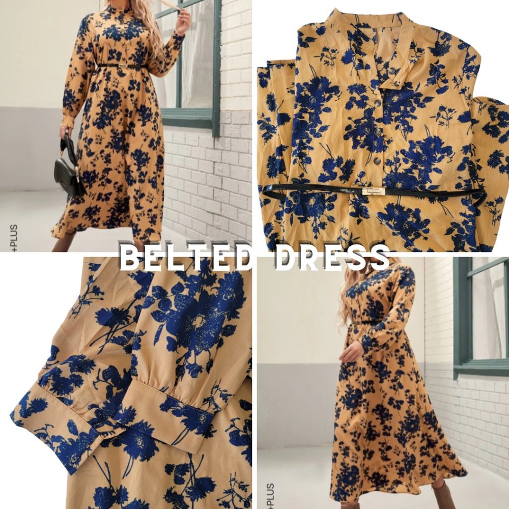 Plus Floral Print Bishop Sleeve Mock Neck Belted Dress
